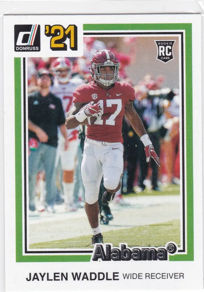 2021 Donruss Jaylen Waddle RC Alabama football trading card featuring Waddle RC Alabama
