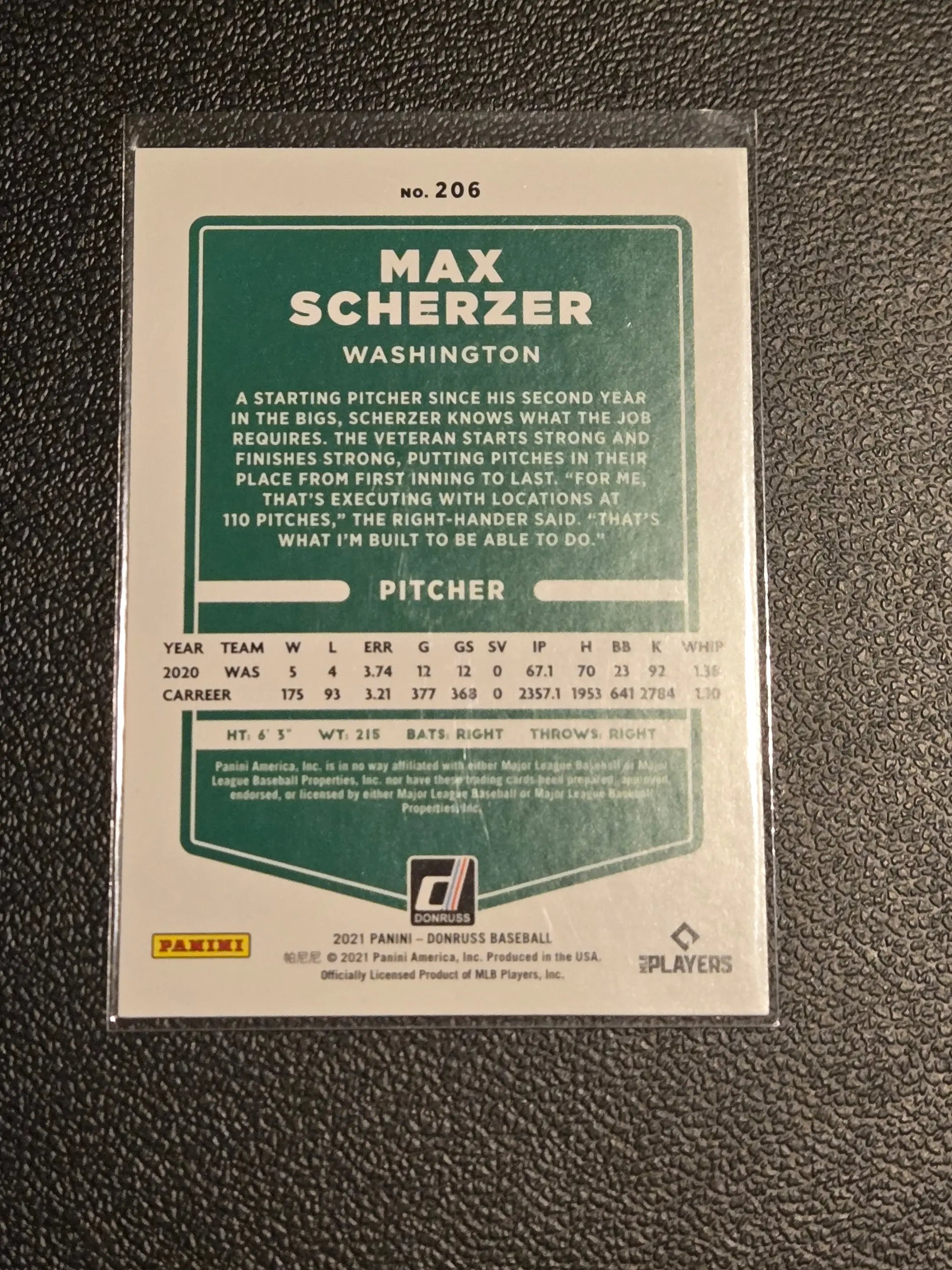 Baseball trading card of Max Scherzer 206b Max Scherzer Holo Orange from 2021 Donruss