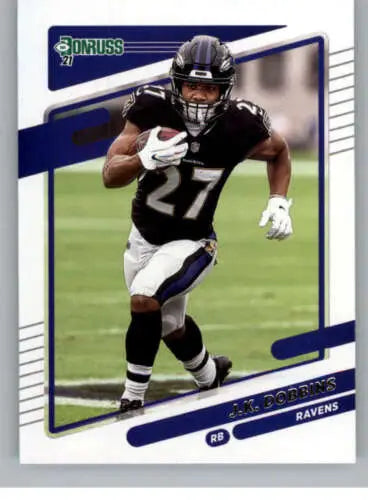 J.K. Dobbins football card from 2021 Donruss shows original gloss, great for collectors