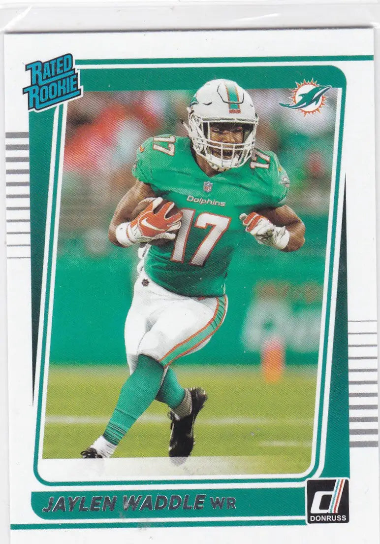 Football trading card featuring Jaylen Waddle rated rookie Miami Dolphins jersey