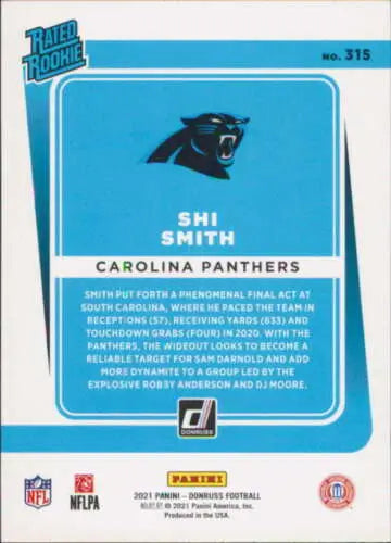 2021 Donruss #315 Shi Smith Rookie Card featuring original gloss for Panthers fans