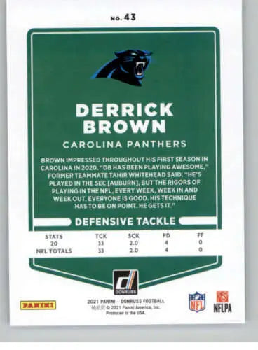 2021 Donruss #43 Derrick Brown NM-MT Panthers football card featuring original gloss