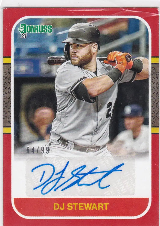 2021 Donruss DJ Stewart auto red baseball card with autograph, numbered 64/99, Orioles