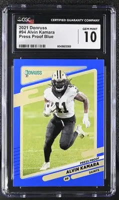 Graded Donruss Alvin Kamara football card Press Proof Blue CGC 10