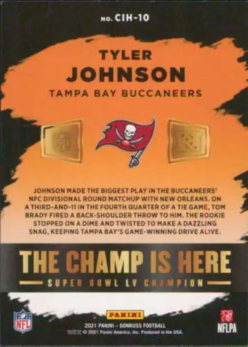Tyler Johnson 2021 Donruss Champ football card with original gloss from Buccaneers