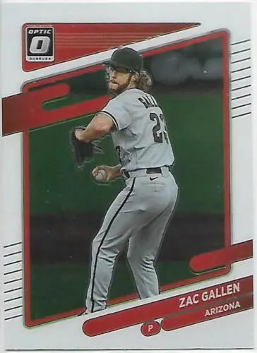 Baseball trading card of Zac Gallen in white Arizona uniform, original gloss finish