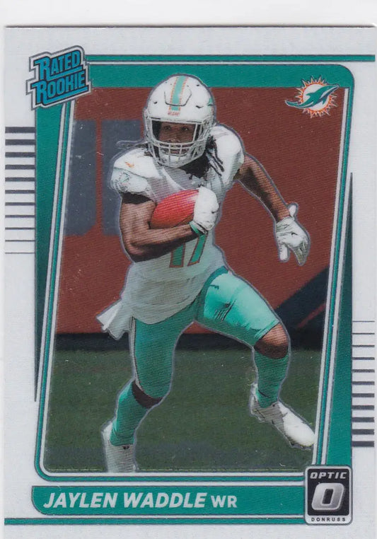 Jaylen Waddle RC Miami Dolphins football trading card from 2021 Donruss Optic series
