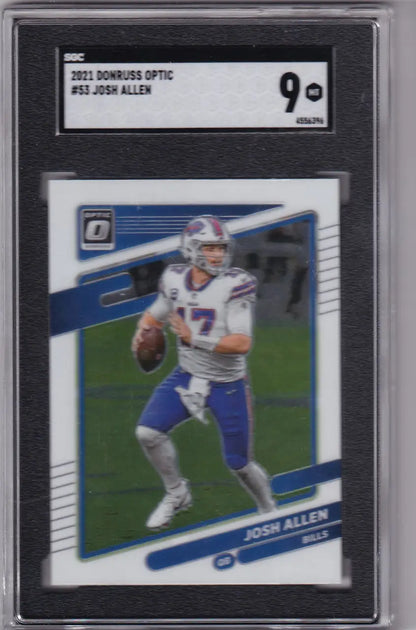 Graded Josh Allen SGC 9 football card from 2021 Donruss Optic, Buffalo Bills collectible