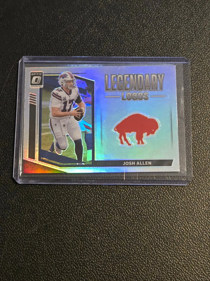 Collectible football trading card featuring Josh Allen and Buffalo Bills logo from 2021 Donruss Optic Allen Legendary Logos