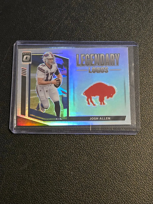 Collectible football trading card featuring Josh Allen and Buffalo Bills logo from 2021 Donruss Optic Allen Legendary Logos