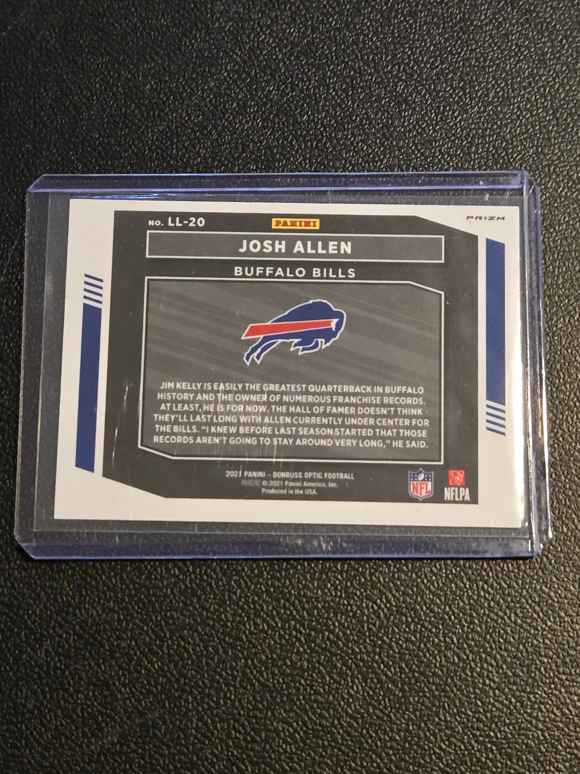 Josh Allen Legendary Logos football trading card in protective sleeve from 2021 Donruss Optic