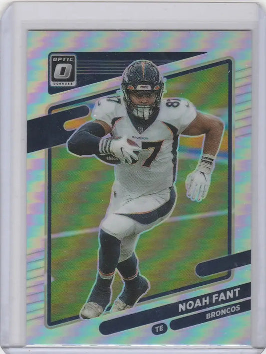 Football trading card of Noah Fant running in white for Donruss Optic Prizm Denver Broncos