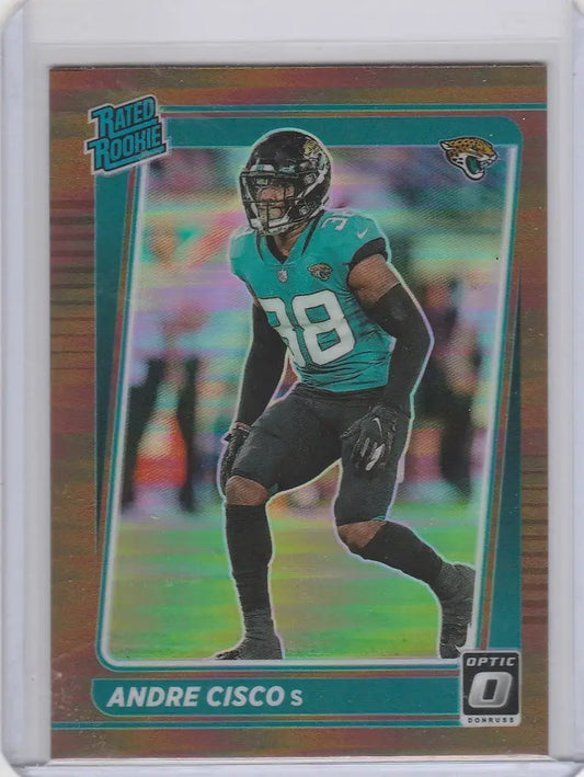 Football trading card of Andre Cisco in teal jersey for Jacksonville Jaguars Donruss Optic Prizm Gold