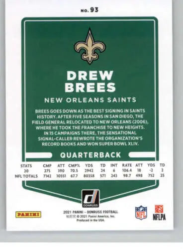 Drew Brees football card from 2021 Donruss, NM-MT, original gloss finish