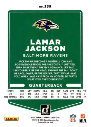 Lamar Jackson 2021 Donruss Press Proof Red #239 football card with original gloss