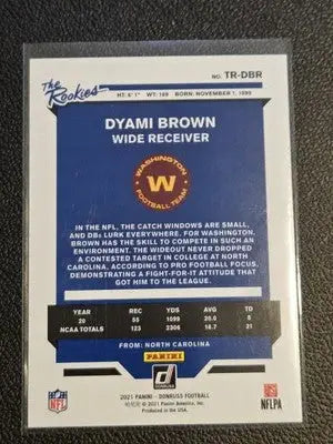 Dyami Brown football card from 2021 Donruss The Rookies series featuring Washington Football Team