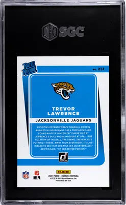 SGC-graded 2021 Donruss Trevor Lawrence football card with Jacksonville Jaguars logo