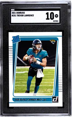 Graded 2021 Donruss Trevor Lawrence rookie card displayed in 2021 Donruss Trevor football product