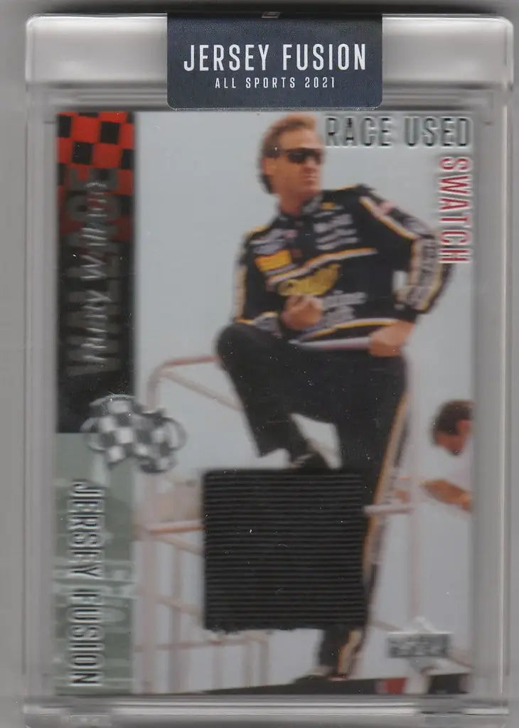 Racing-themed trading card featuring Rusty Wallace with race-used jersey in Jersey Fusion Race