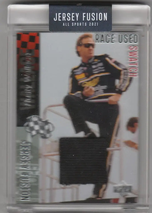 Racing-themed trading card featuring Rusty Wallace with race-used jersey in Jersey Fusion Race
