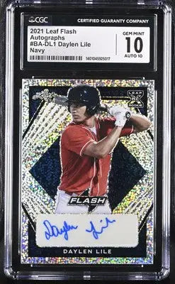 Graded Daylen Lile baseball card from 2021 Leaf Flash featuring Navy Autographs CGC 10