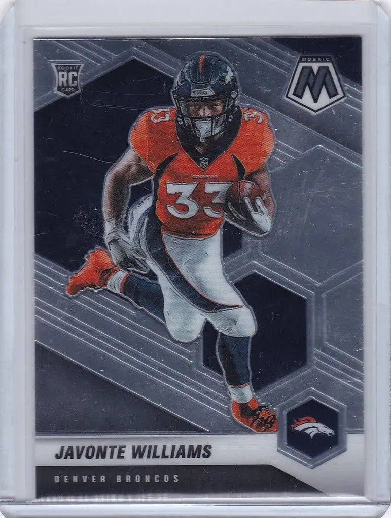 Football trading card of Javonte Williams RC Denver Broncos jersey number 33 in action