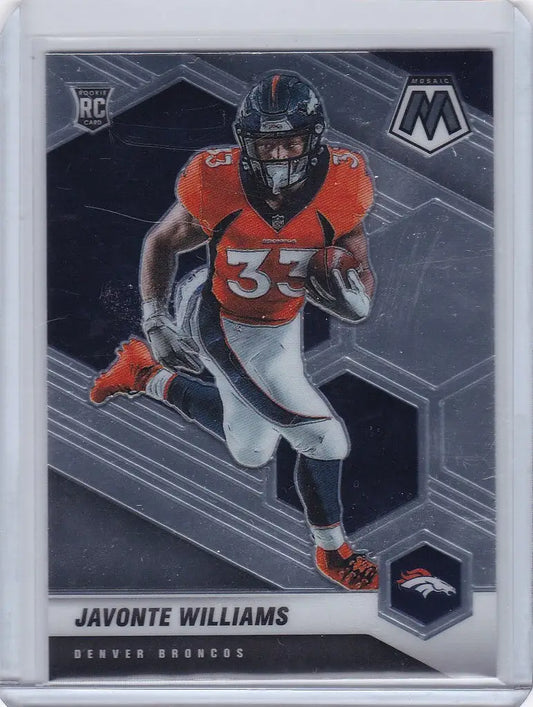 Football trading card of Javonte Williams RC Denver Broncos jersey number 33 in action