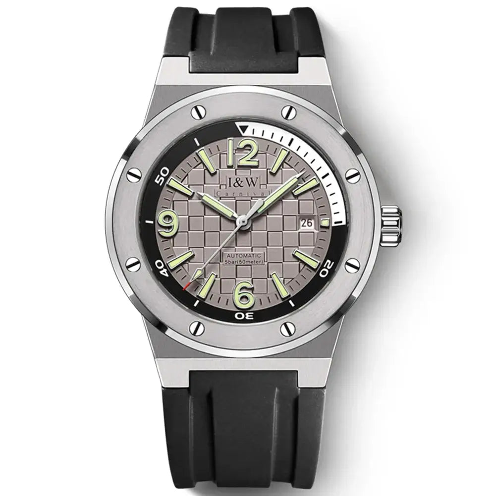Men’s luxury automatic wristwatch with grey checkered dial, black rubber strap, 50M water resistance