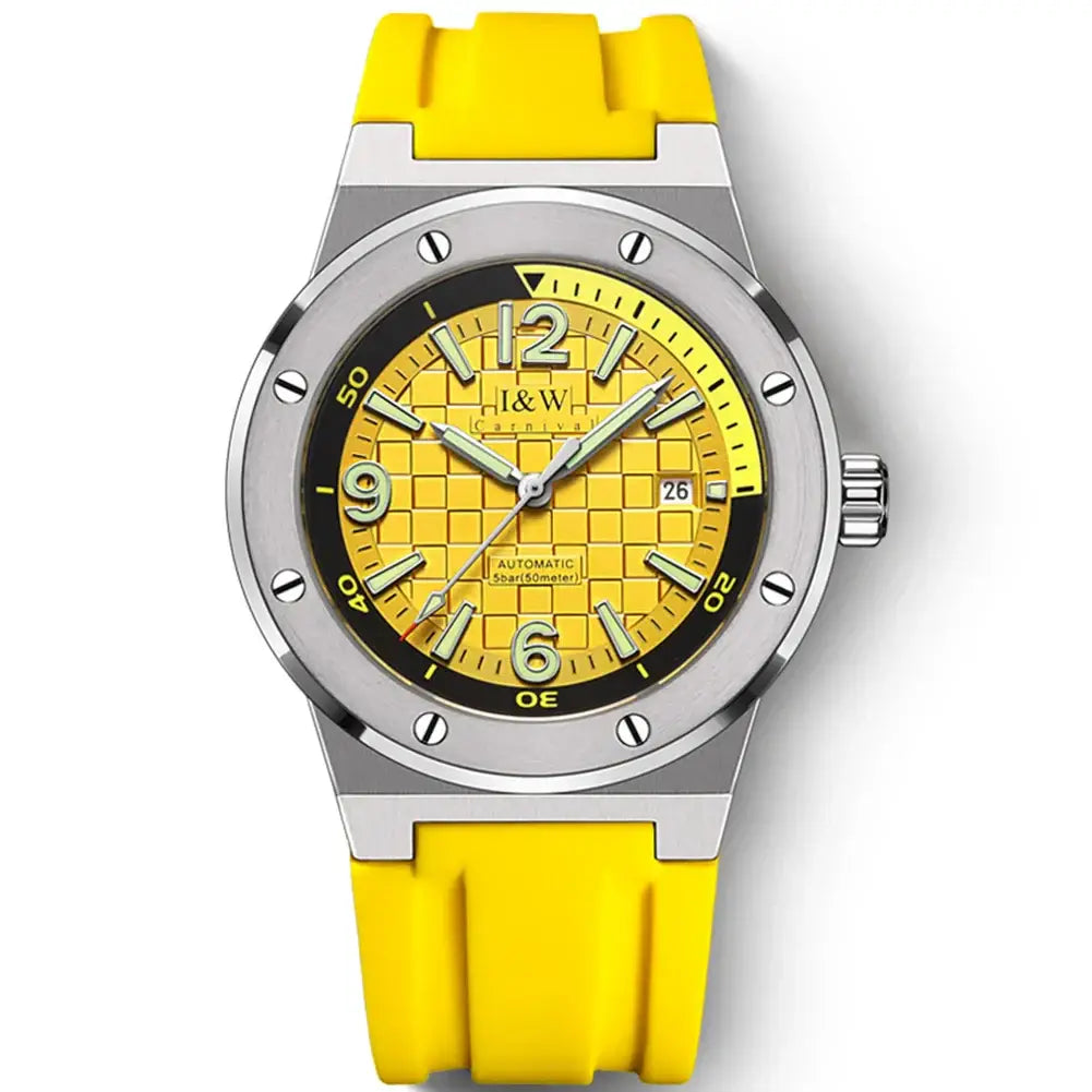 Yellow watch with silver case checkered dial water resistance leather band luxury men’s watch