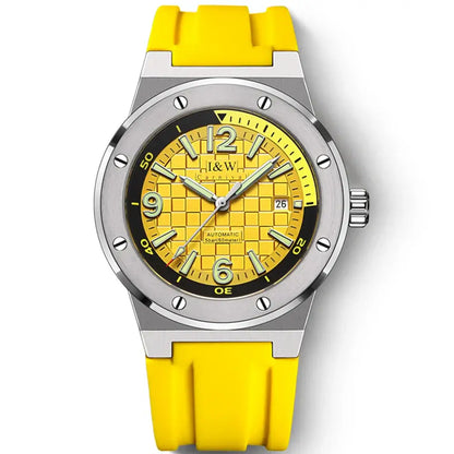Yellow watch with silver case checkered dial water resistance leather band luxury men’s watch