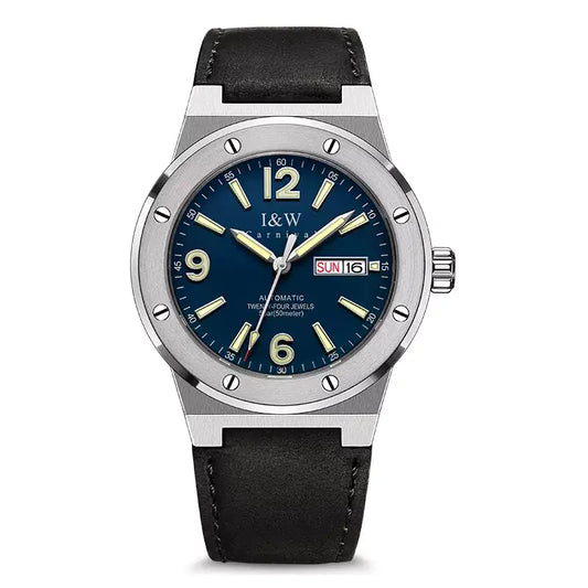 Men’s luxury Swiss automatic watch with blue dial, luminous markers, leather band, 50M water resistance