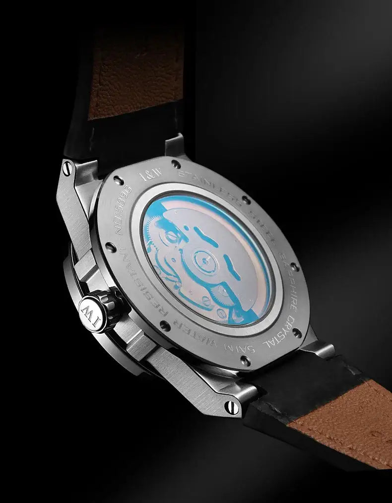Luxury Swiss mechanical watch with leather band and 50M water resistance for men