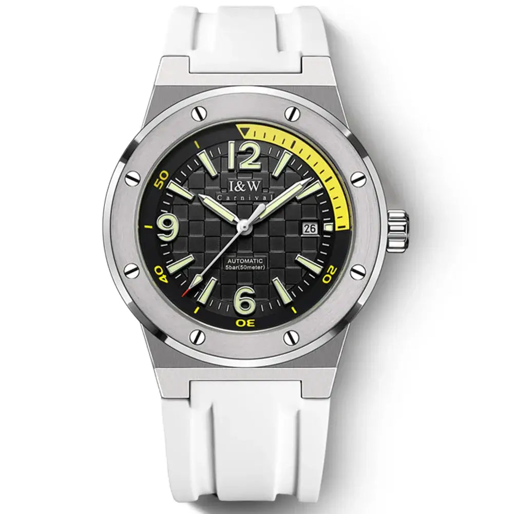 White and silver luxury mechanical wrist watch with water resistance and leather band