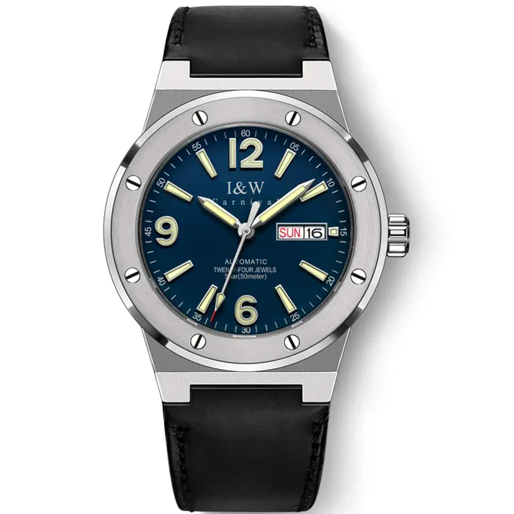 Silver-toned men’s mechanical watch with blue dial, leather band, 50M water resistance