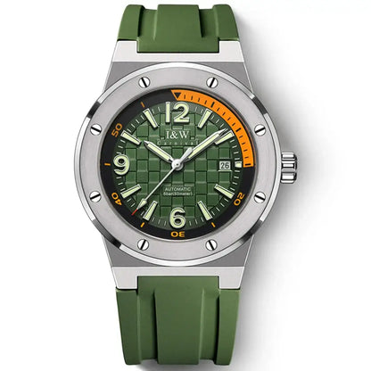 Men’s luxury automatic watch with green textured dial, water-resistant rubber strap