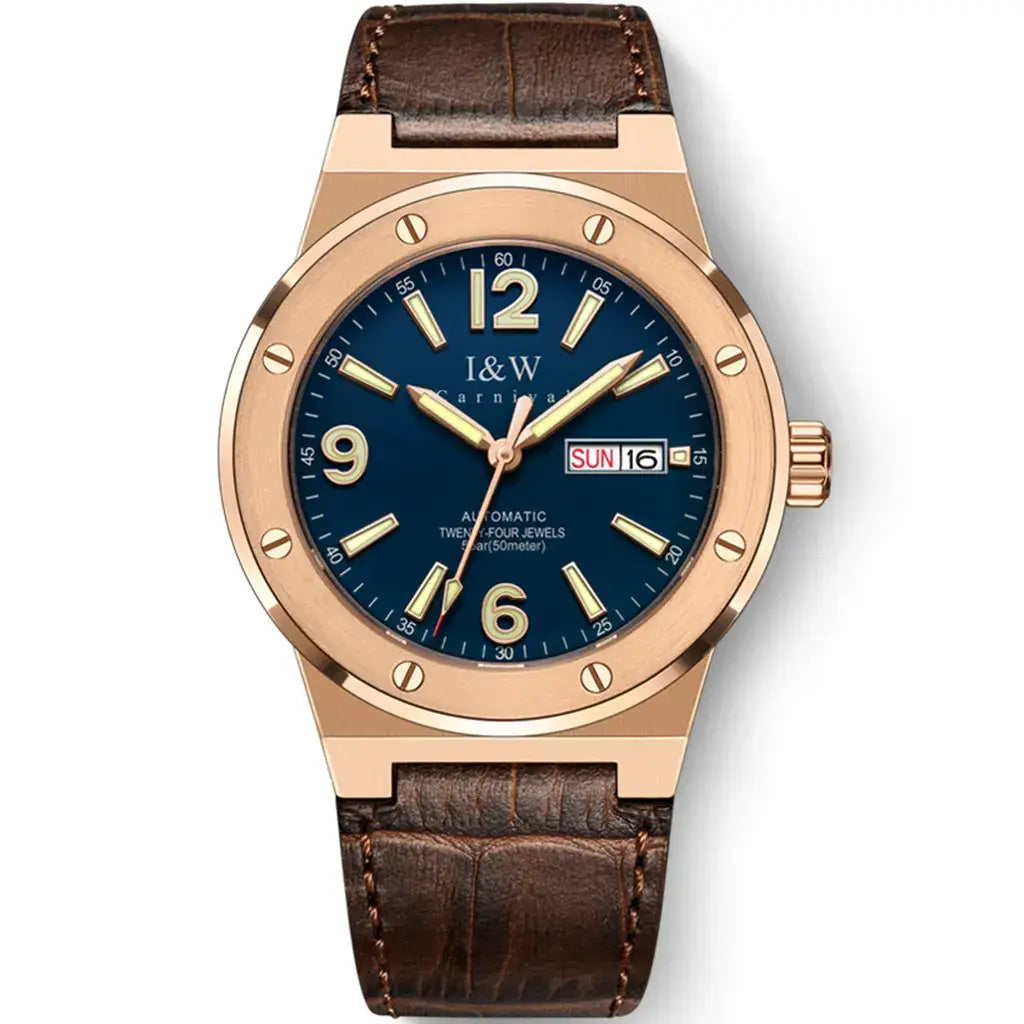 Men’s rose gold-toned automatic watch with dark blue dial, leather band, 50M water resistance
