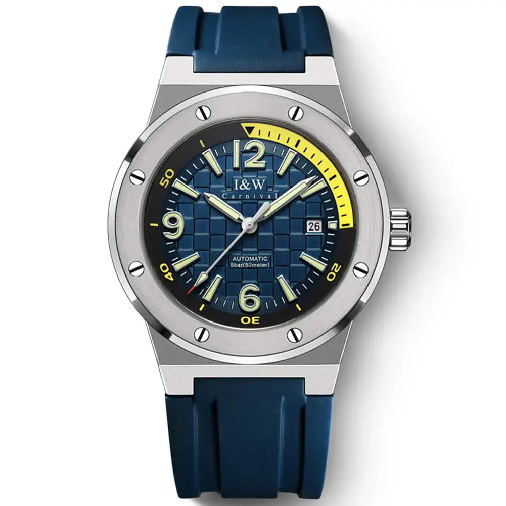 Men’s luxury automatic watch with blue checkered dial, luminous hands, 50M waterproof rubber strap