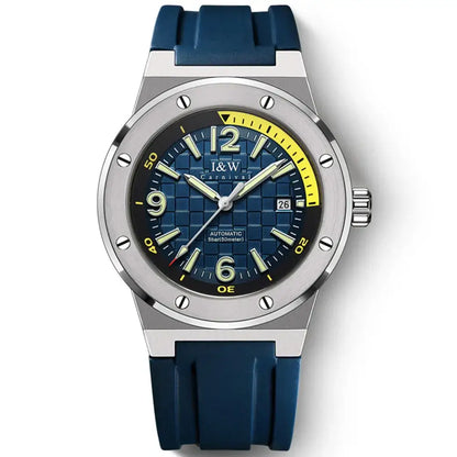 Men’s luxury automatic watch with blue checkered dial, luminous hands, 50M waterproof rubber strap