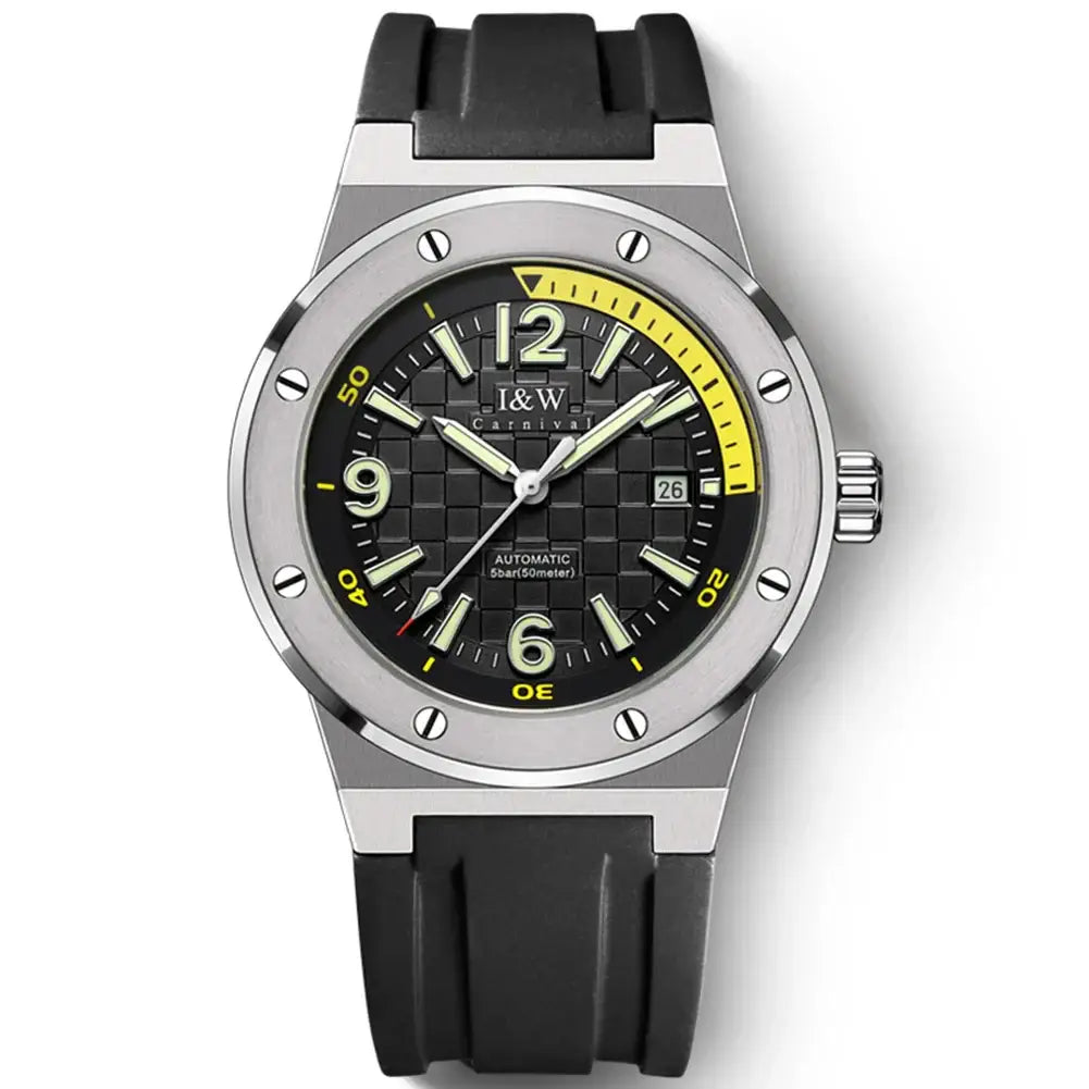Men’s luxury automatic dive watch with stainless steel case, black textured dial, and water-resistant rubber strap