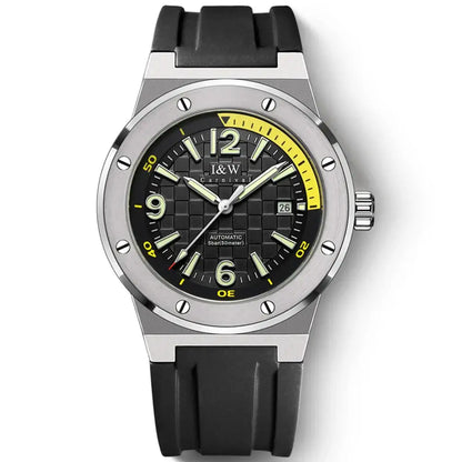 Men’s luxury automatic dive watch with stainless steel case, black textured dial, and water-resistant rubber strap