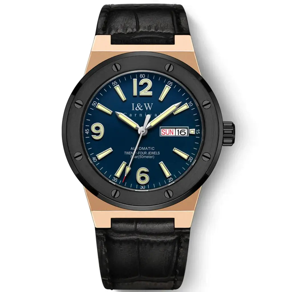 Luxury men’s gold and black mechanical watch with leather band and 50M water resistance