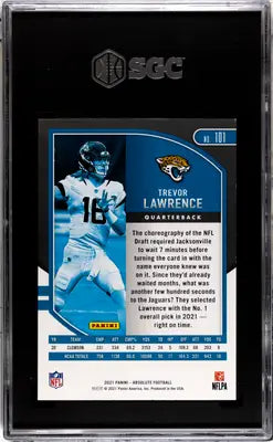 Graded Panini Absolute Trevor Lawrence football trading card displayed in retail product