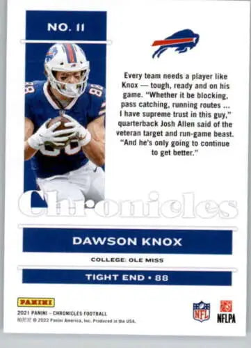 Dawson Knox football card from 2021 Panini Chronicles with original gloss finish