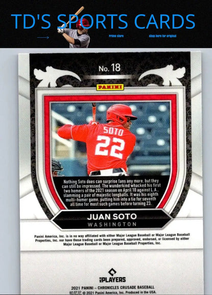 Juan Soto baseball card from 2021 Panini Chronicles Juan Soto Crusade set