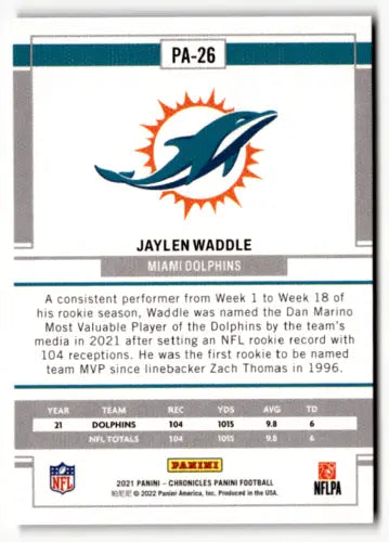 Jaylen Waddle football card from 2021 Panini Chronicles Panini in original gloss finish