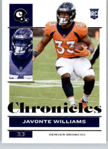 Javonte Williams football card from 2021 Panini Chronicles featuring original gloss finish