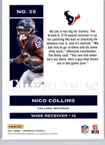 Nico Collins football card from 2021 Panini Chronicles with original gloss finish