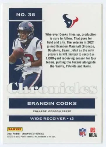 Brandin Cooks 2021 Panini Chronicles football trading card with original gloss finish