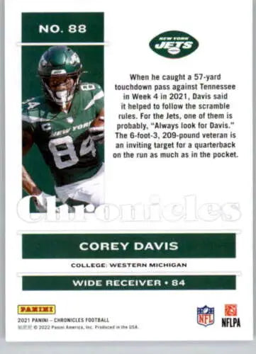 Corey Davis football card from 2021 Panini Chronicles featuring original gloss NM-MT NY Jets