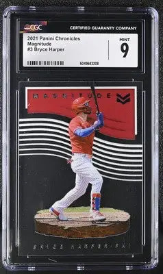 Graded Panini Chronicles Bryce Harper baseball card displayed in 2021 Panini Chronicles product
